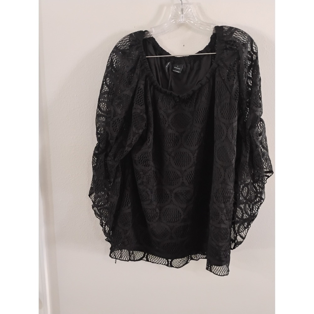 New Directions Black Lace Bell Sleeve Blouse Geometric Scoop Neck Top Large